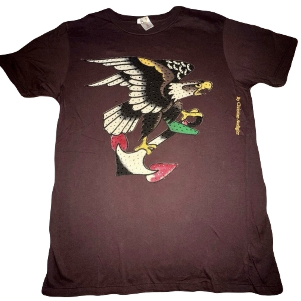 Ed Hardy Christian Audigier Eagle Anchor Brown Rhinestone Tee Size M